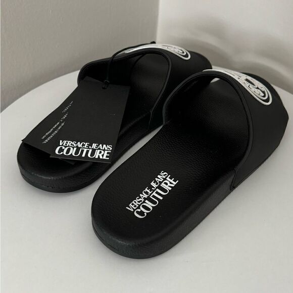 ⭕️ VERSACE JEANS Men’s Slippers Flit Flops Sandals Black Designer 43 US 10 - Picture 5 of 7